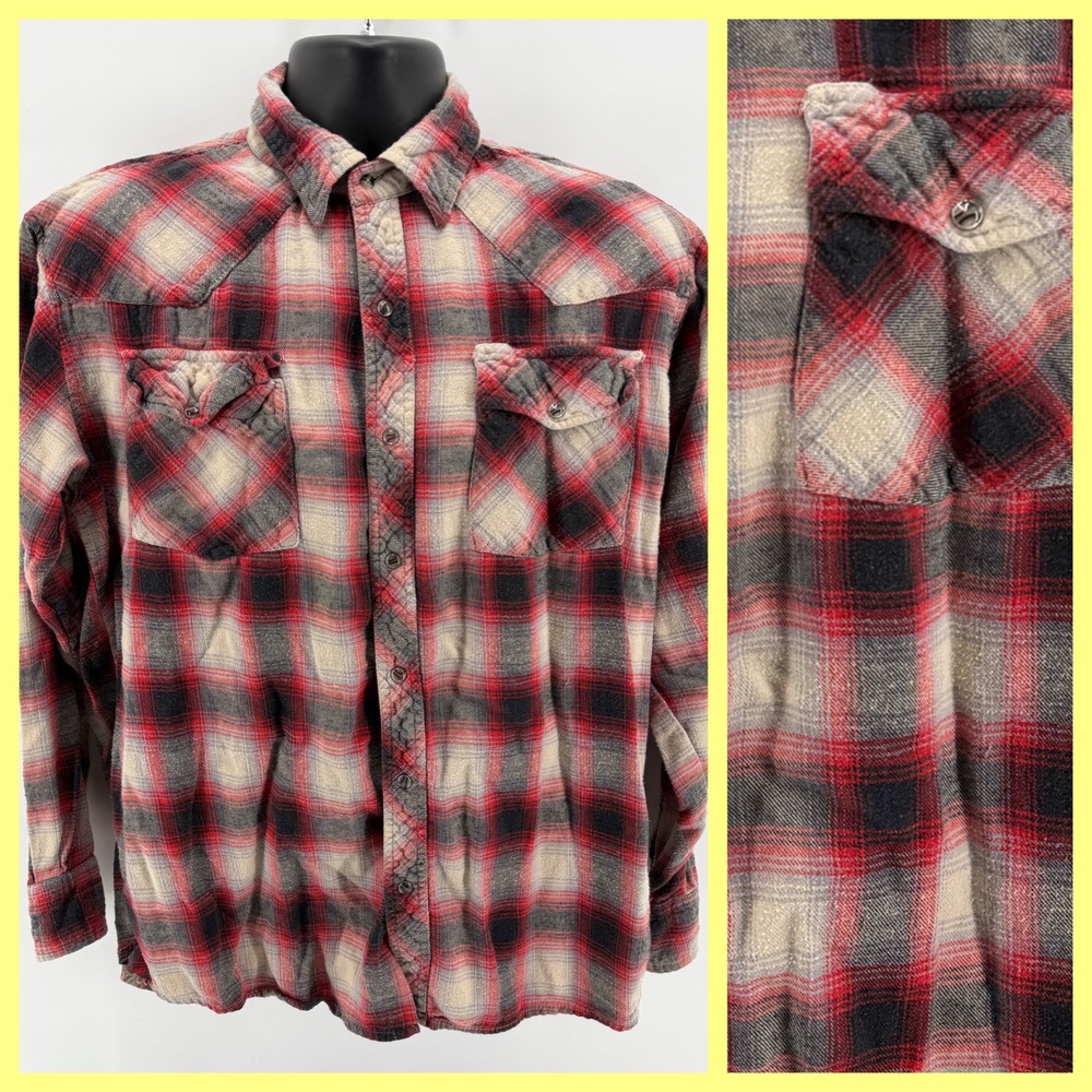 Sandy River Jeans Co Men's Flannel Shirt Red Gray Plaid Heavy Cotton‎ Western XL